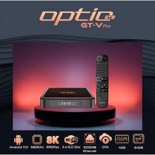 OPTIC GT-V PRO 8K / 4K UHD Android 11.0 IP-Receiver (4GB RAM 64GB FLASH 2G + 5G WiFi + GIGABIT WLAN, Bluetooth, MicroSD, HDMI, USB 3.0)