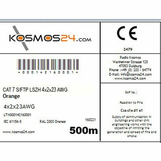 CAT 7 500m Verlegekabel Netzwerkkabel AWG 23/1 1000Mhz Simplex Orange
